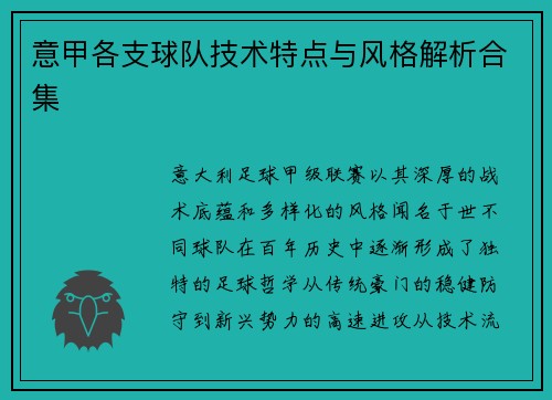 意甲各支球队技术特点与风格解析合集